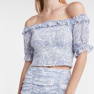Express Paisley Smocked Cropped Off The Shoulder Top